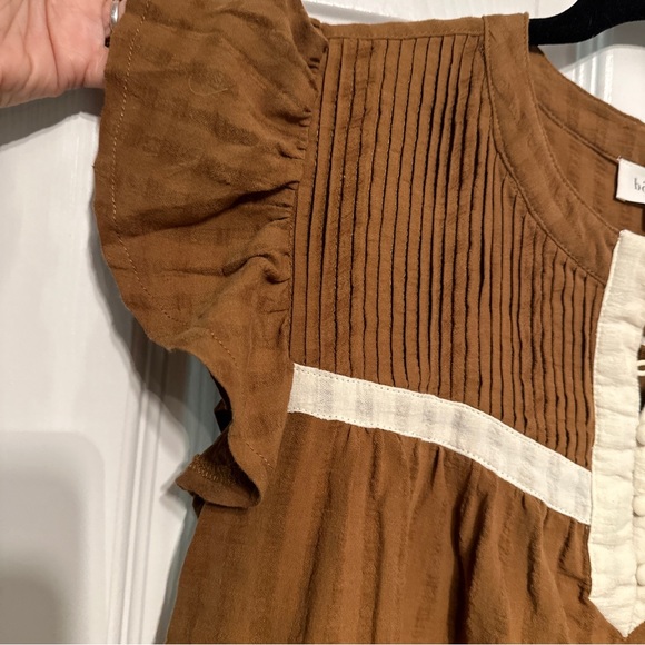 Bohme M Button Neck Pintuck Brown Cream Cotton Flutter Sleeve Boho Blouse - Picture 3 of 5